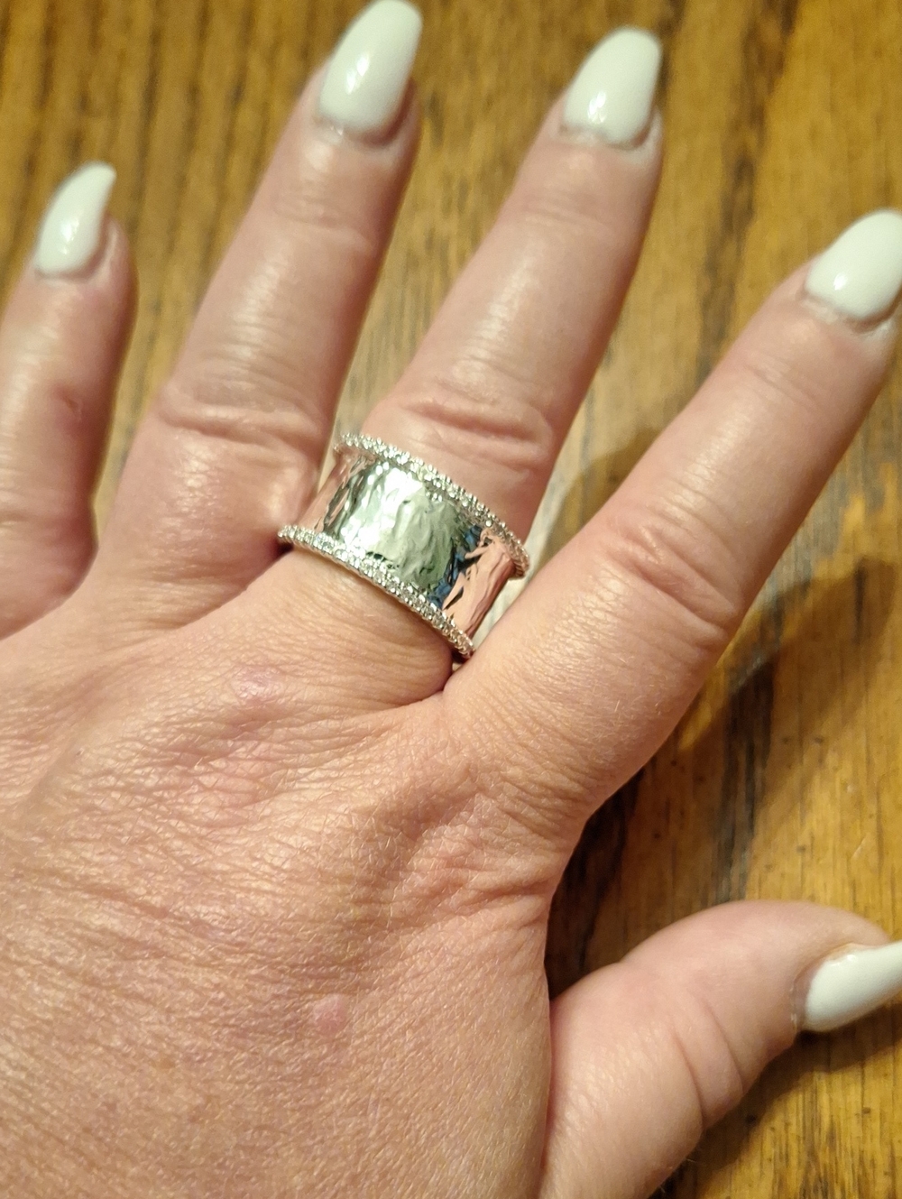 Silver Wide Hammered Band Ring with Rhinestone Edges